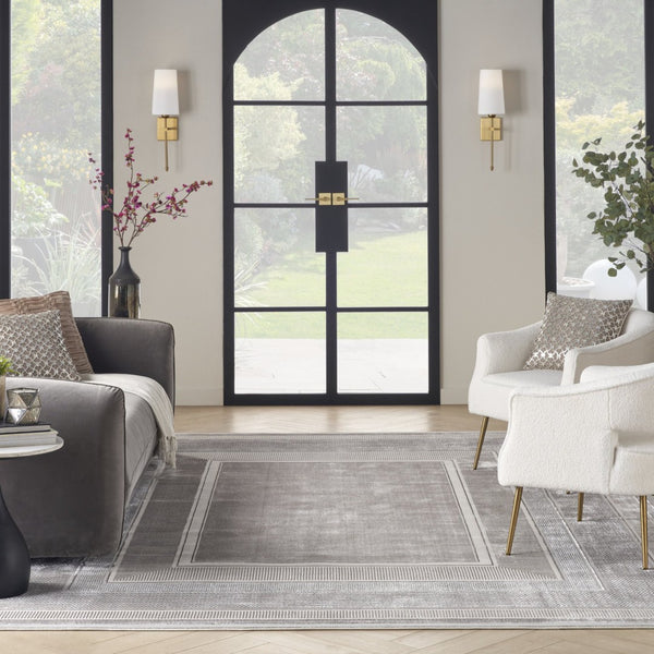 HomeRoots 9' X 12' Silver and Ivory Geometric Non-Skid Area Rug - Durable, Stylish, and Stain-Resistant Design 551430