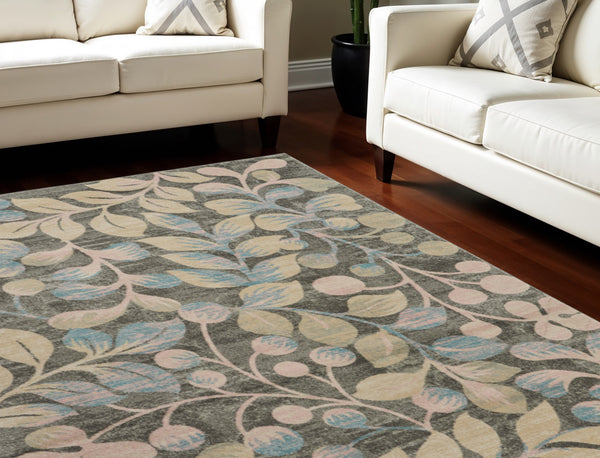 Homeroots 9' Beige, Gray & Blue Botanical Leaves Area Rug - Stain Resistant, Durable, Perfect For Family Spaces!  Polypropylene 551438