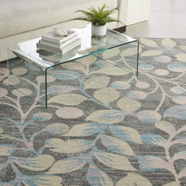 HomeRoots 5' Tropical Floral Area Rug in Beige, Gray & Blue - Perfect for Cozy Living Spaces & High Traffic Areas 9' X 12' 551438