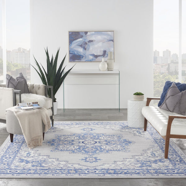 HomeRoots 7' Elegant Ivory Blue and Gray Floral Medallion Area Rug - Stain-Resistant, Non-Skid Design for Homes 8' X 12' 551442