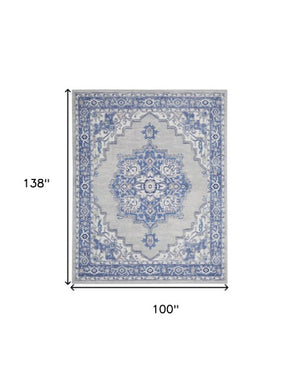 Homeroots 7' Distressed Floral Medallion Area Rug In Ivory, Blue, And Gray - Durable, Non-skid, Stain Resistant 8' X 12' Polyester 551442