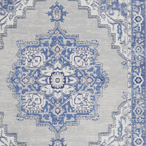 Homeroots 7' Distressed Floral Medallion Area Rug In Ivory, Blue, And Gray - Durable, Non-skid, Stain Resistant 8' X 12' Polyester 551442
