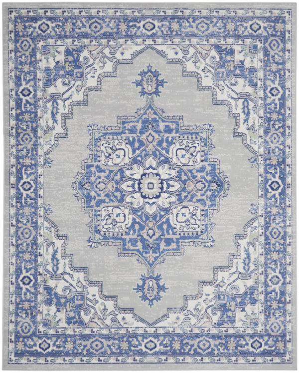 HomeRoots 7' Elegant Ivory Blue and Gray Floral Medallion Area Rug - Stain-Resistant, Non-Skid Design for Homes 8' X 12' 551442