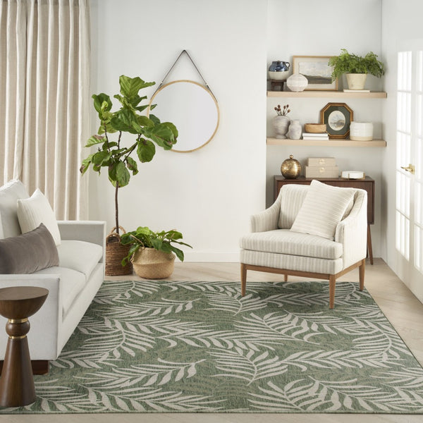 HomeRoots 9' X 12' Tropical Palm Leaf Area Rug – Stylish Ivory & Green Design for Indoor/Outdoor Charm 551451