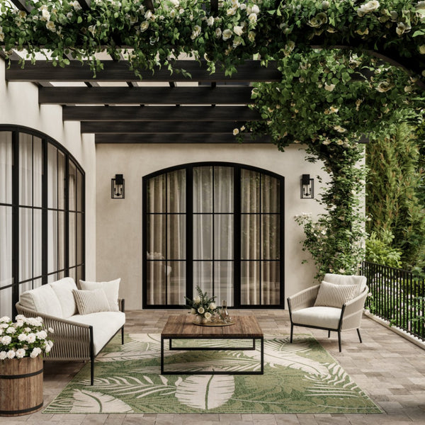 HomeRoots 9' X 12' Ivory & Green Palm Leaf Rug - Versatile Indoor-Outdoor Décor for Coastal Living Spaces 551452