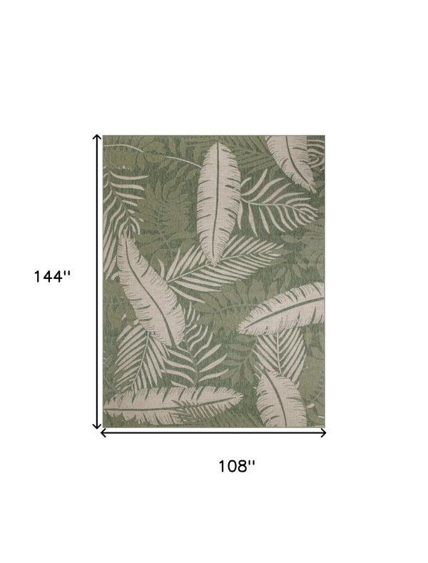 HomeRoots 9' X 12' Ivory & Green Palm Leaf Rug - Versatile Indoor-Outdoor Décor for Coastal Living Spaces 551452
