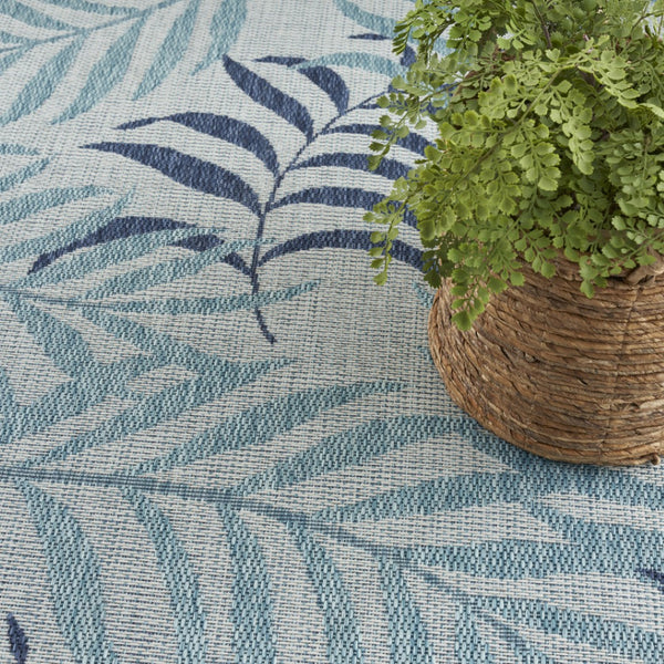 HomeRoots 9' X 12' Coastal Palm Leaf Area Rug – Ivory & Sky Blue, Durable Indoor/Outdoor, Easy Care, Stylish Decor 551457
