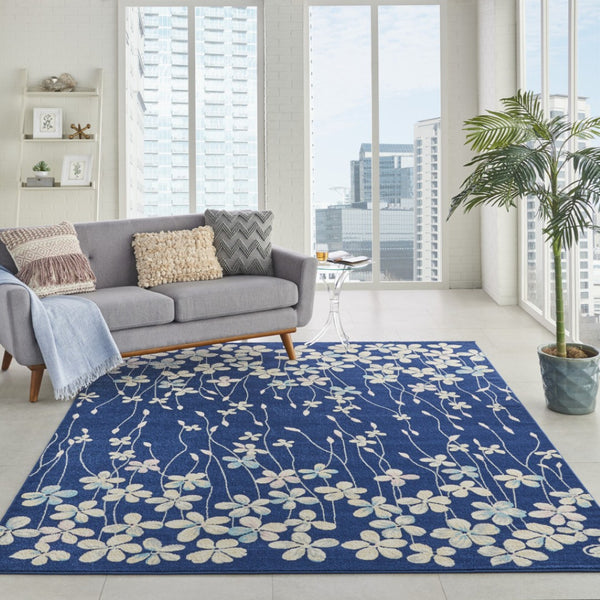 Homeroots 6' Navy Blue And Ivory Floral Area Rug - Durable, Stain Resistant, Ideal For Kids And Pets, 72x108" 9' X 12' Polypropylene 551460