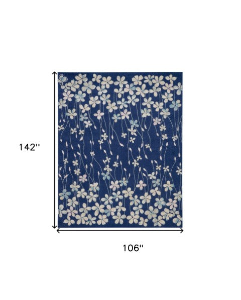 Homeroots 6' Navy Blue And Ivory Floral Area Rug - Durable, Stain Resistant, Ideal For Kids And Pets, 72x108" 9' X 12' Polypropylene 551460