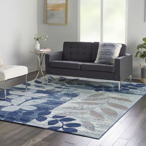 HomeRoots 5' Botanical Leaves Area Rug in Navy and Light Blue – Durable, Easy-Clean Design for Cozy Spaces 9' X 12' 551461