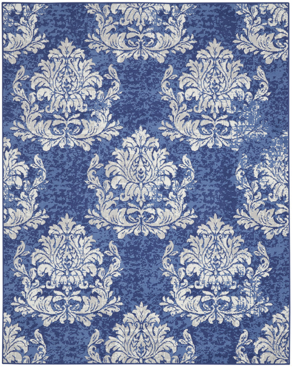 Homeroots 8' X 12' Navy Blue And Ivory Damask Distressed Non Skid Area Rug  Polypropylene 551463