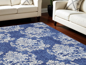 Homeroots 8' X 12' Navy Blue And Ivory Damask Distressed Non Skid Area Rug  Polypropylene 551463