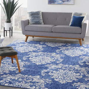 Homeroots 8' X 12' Navy Blue And Ivory Damask Distressed Non Skid Area Rug  Polypropylene 551463