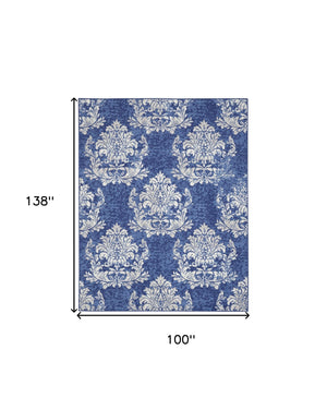 Homeroots 8' X 12' Navy Blue And Ivory Damask Distressed Non Skid Area Rug  Polypropylene 551463