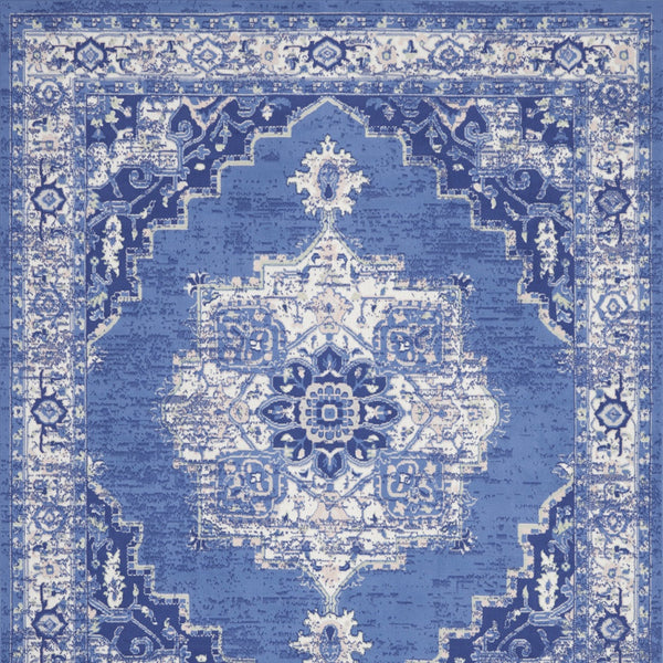 Homeroots 8' X 12' Ivory Navy Blue And Beige Floral Medallion Distressed Non Skid Area Rug  Polypropylene 551465