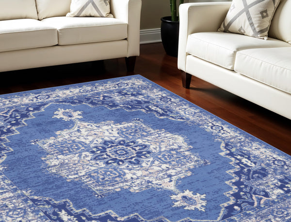 Homeroots 8' X 12' Ivory Navy Blue And Beige Floral Medallion Distressed Non Skid Area Rug  Polypropylene 551465