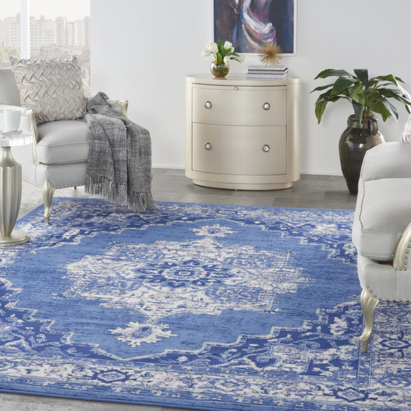 HomeRoots 7' Elegant Floral Medallion Area Rug in Ivory, Navy Blue & Beige - Durable, Stain-Resistant Design 8' X 12' 551465