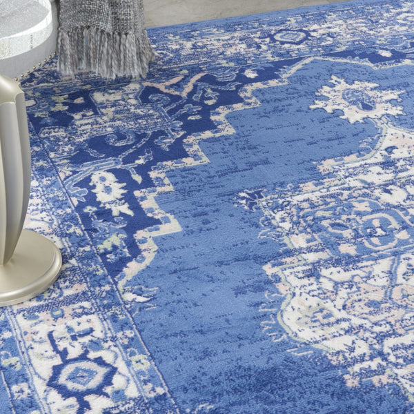 HomeRoots 7' Elegant Floral Medallion Area Rug in Ivory, Navy Blue & Beige - Durable, Stain-Resistant Design 8' X 12' 551465