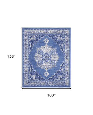 Homeroots 8' X 12' Ivory Navy Blue And Beige Floral Medallion Distressed Non Skid Area Rug  Polypropylene 551465