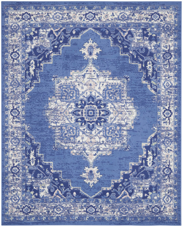 HomeRoots 7' Elegant Floral Medallion Area Rug in Ivory, Navy Blue & Beige - Durable, Stain-Resistant Design 8' X 12' 551465