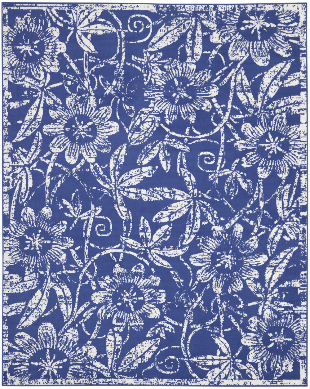 Homeroots 8' X 12' Ivory And Navy Blue Floral Distressed Non Skid Area Rug  Polypropylene 551467