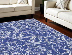 Homeroots 8' X 12' Ivory And Navy Blue Floral Distressed Non Skid Area Rug  Polypropylene 551467