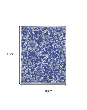Homeroots 8' X 12' Ivory And Navy Blue Floral Distressed Non Skid Area Rug  Polypropylene 551467