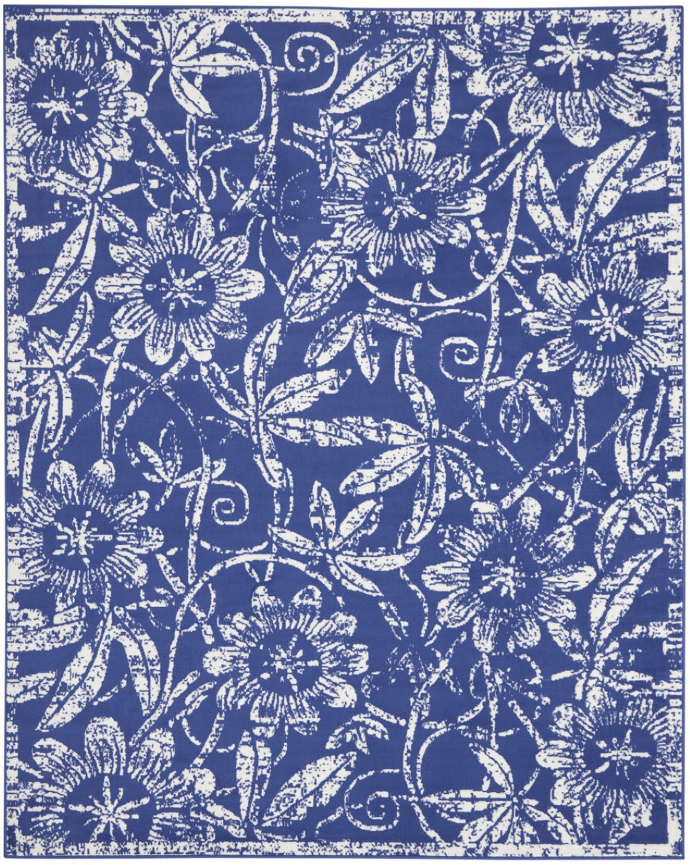 HomeRoots 7' Elegant Ivory and Navy Blue Floral Distressed Area Rug - Non-Skid, Stain-Resistant Comfort 8' X 12' 551467