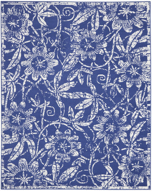 HomeRoots 7' Elegant Ivory and Navy Blue Floral Distressed Area Rug - Non-Skid, Stain-Resistant Comfort 8' X 12' 551467