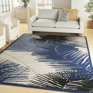 HomeRoots 10' Navy Blue Palm Leaf Area Rug - Stylish Indoor/Outdoor Design, Durable, Easy-Care & Stain-Resistant 551470