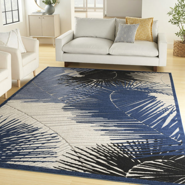 HomeRoots 10' Navy Blue Palm Leaf Area Rug - Stylish Indoor/Outdoor Design, Durable, Easy-Care & Stain-Resistant 551470