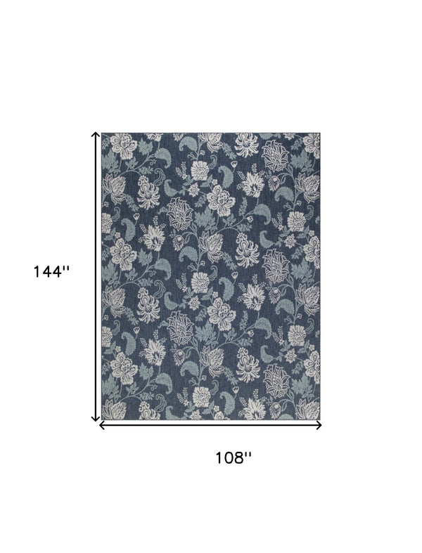 HomeRoots 9' Navy Blue and Ivory Floral Area Rug – Versatile Indoor/Outdoor Design for Elegant Spaces 551476