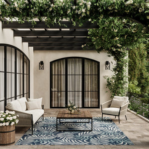 HomeRoots 9' Navy Blue and Ivory Palm Leaf Area Rug - Durable Indoor/Outdoor Design for Coastal Elegance 551478