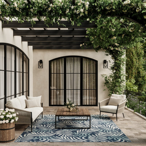 HomeRoots 9' Navy Blue and Ivory Palm Leaf Area Rug - Durable Indoor/Outdoor Design for Coastal Elegance 551478