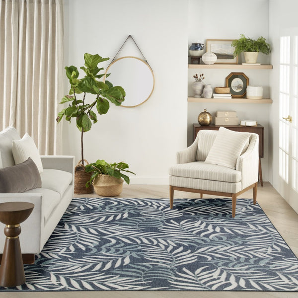 HomeRoots 9' Navy Blue and Ivory Palm Leaf Area Rug - Durable Indoor/Outdoor Design for Coastal Elegance 551478