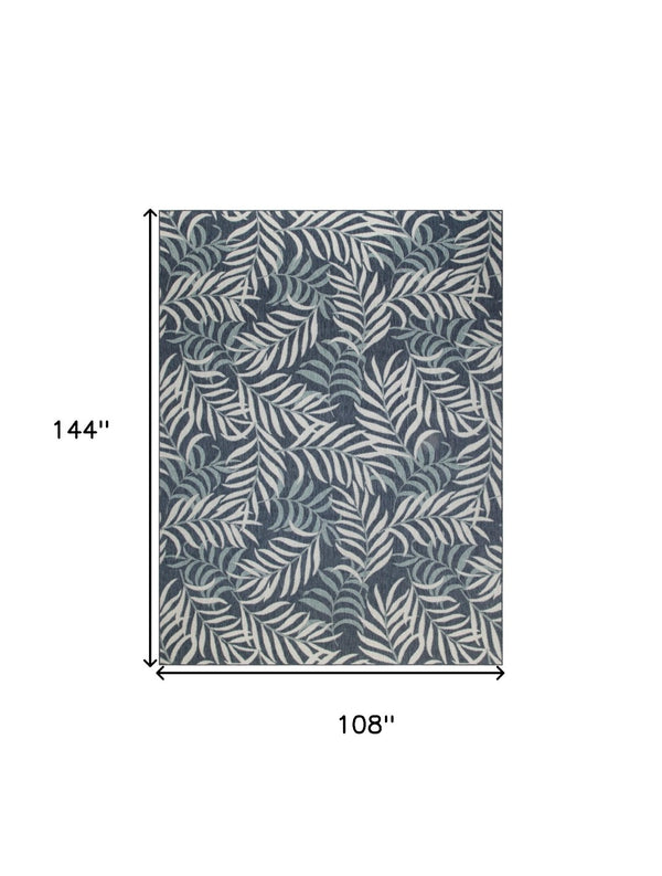 HomeRoots 9' Navy Blue and Ivory Palm Leaf Area Rug - Durable Indoor/Outdoor Design for Coastal Elegance 551478