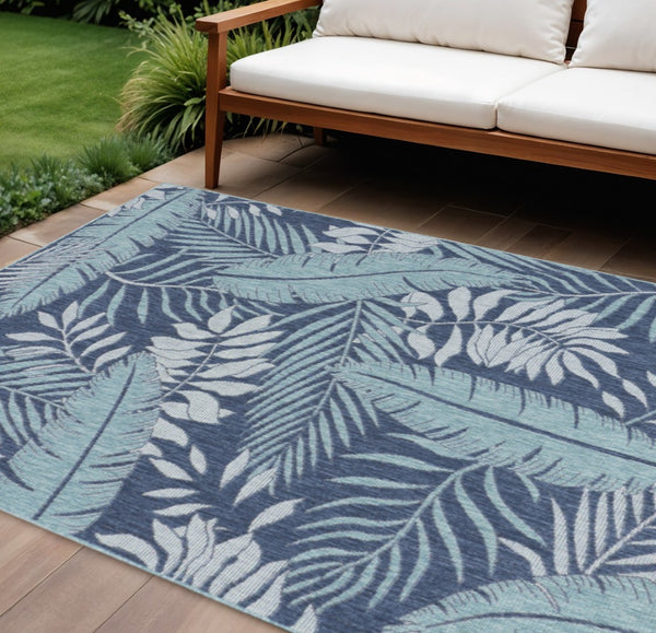 HomeRoots 9' X 12' Navy Blue Palm Leaf Area Rug – Stylish Indoor/Outdoor Coastal Decor for Living Spaces & Patios 551479