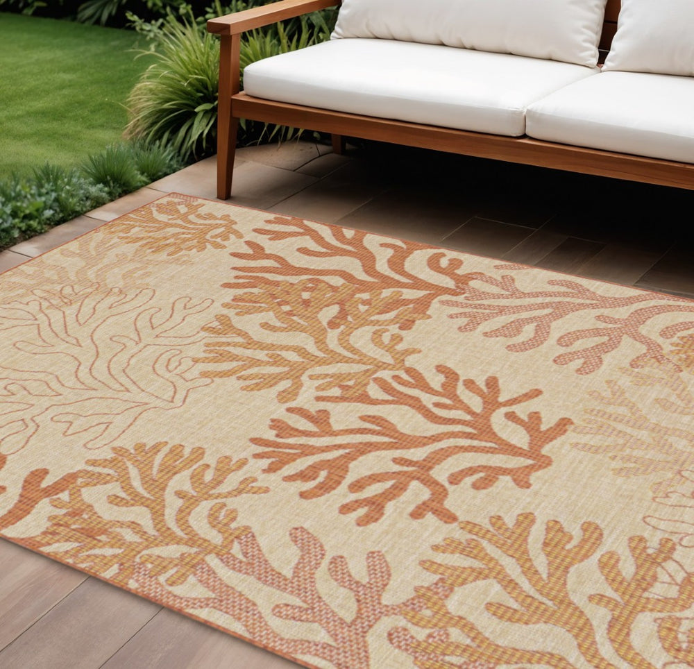 HomeRoots 9' X 12' Coral And Ivory Nautical Indoor-Outdoor Area Rug - Durable, Easy-Care Coastal Charm for Any Space 551481