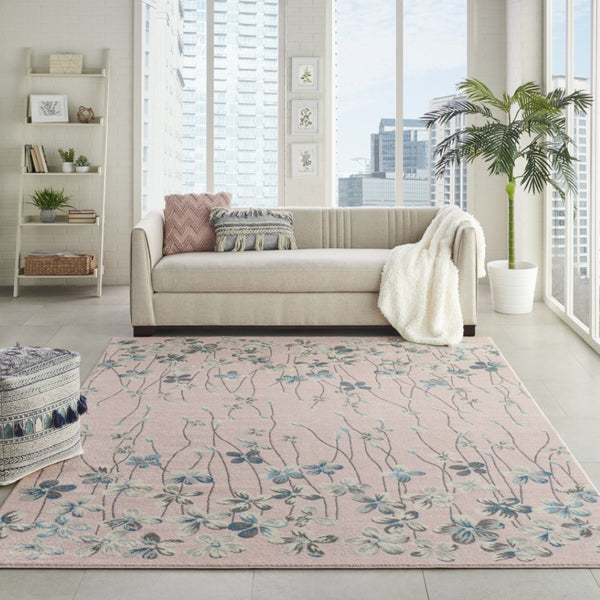 HomeRoots 9' Floral Area Rug in Pink, Gray & Blue - Durable, Stain-Resistant Design Perfect for Any Room 9' X 12' 551482