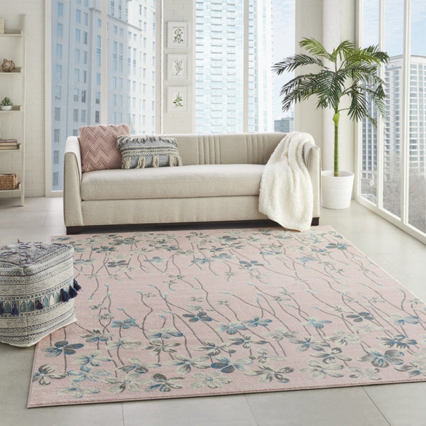 HomeRoots 9' Floral Area Rug in Pink, Gray & Blue - Durable, Stain-Resistant Design Perfect for Any Room 9' X 12' 551482