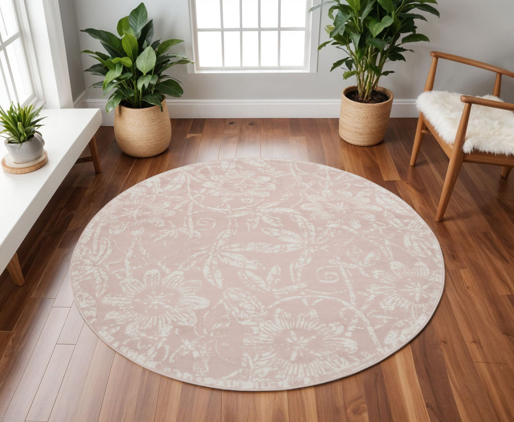 Homeroots 8' X 12' Pink And Ivory Floral Distressed Non Skid Area Rug  Polypropylene 551484
