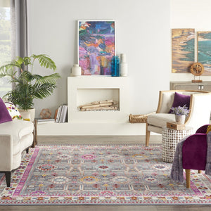 HomeRoots 9' Floral Distressed Area Rug in Ivory, Pink, and Gray – Soft, Stain-Resistant, Non-Skid Design for Homes 9' X 12' 551489