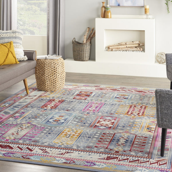HomeRoots 8' Distressed Floral Area Rug in Ivory, Gray, and Red - Non-Skid, Stain-Resistant, Durable Design 9' X 12' 551490