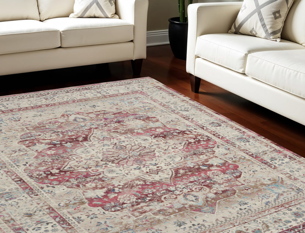 Homeroots 9' X 12' Ivory Red And Brown Floral Distressed Non-skid Area Rug - Durable, Stain-resistant Comfort!  Polypropylene 551491