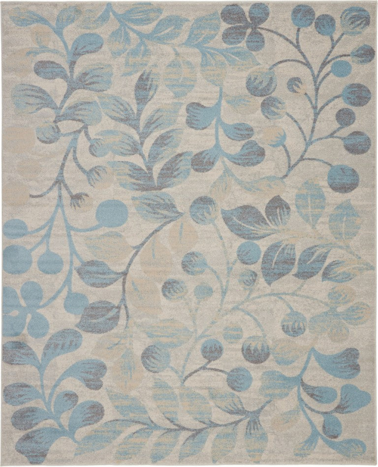 Botanical Leaf Area Rug in Ivory Turquoise Polypropylene Stain Resistant Cottage Style