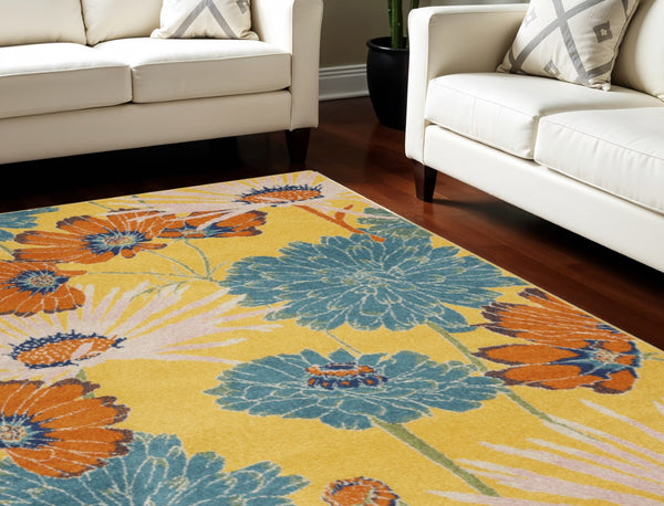 HomeRoots 9' Elegant Yellow Floral Power Loom Area Rug - Timeless Design for Living Rooms and Dining Areas 9' X 12' 551496