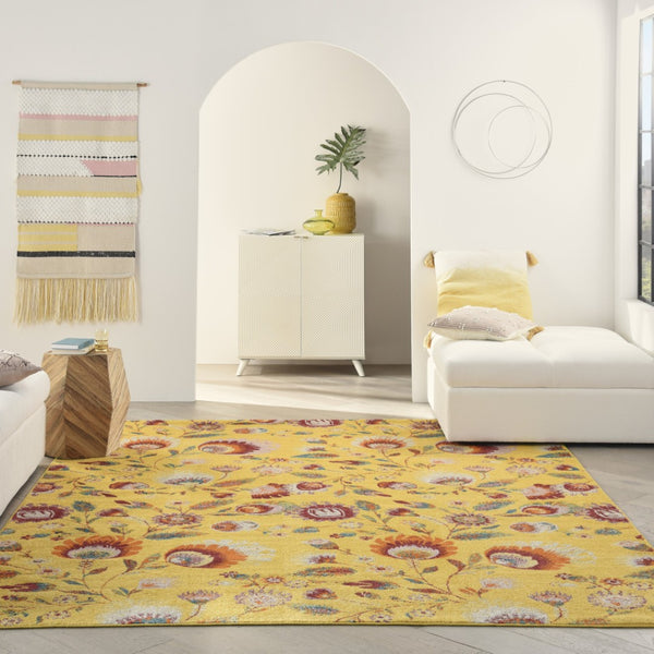 HomeRoots 9' Vibrant Yellow and Red Floral Power Loom Area Rug for Timeless Style and Warmth in Any Room 9' X 12' 551497