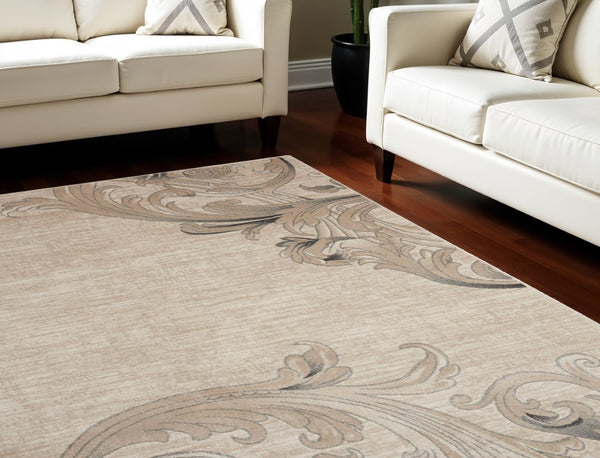 HomeRoots 5' Elegant Tan, Black & Ivory Damask Non-Skid Area Rug - Durable, Stylish, Ideal for Family Spaces 9' X 13' 551499