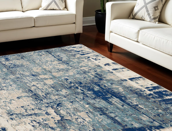 HomeRoots 5' Abstract Area Rug in Ivory, Blue & Slate Gray – Modern, Non-Skid, Stain-Resistant Design for Home 9' X 13' 551501