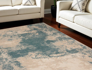 HomeRoots 9' Ivory and Teal Blue Abstract Non-Skid Area Rug - Modern Design, Durable, Stain Resistant, Easy Care 9' X 13' 551502